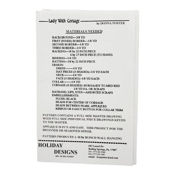 Holly Trail Lady with Corsage Quilt Applique Hanging Pattern Vogue Flapper 16x20 - Picture 2 of 2